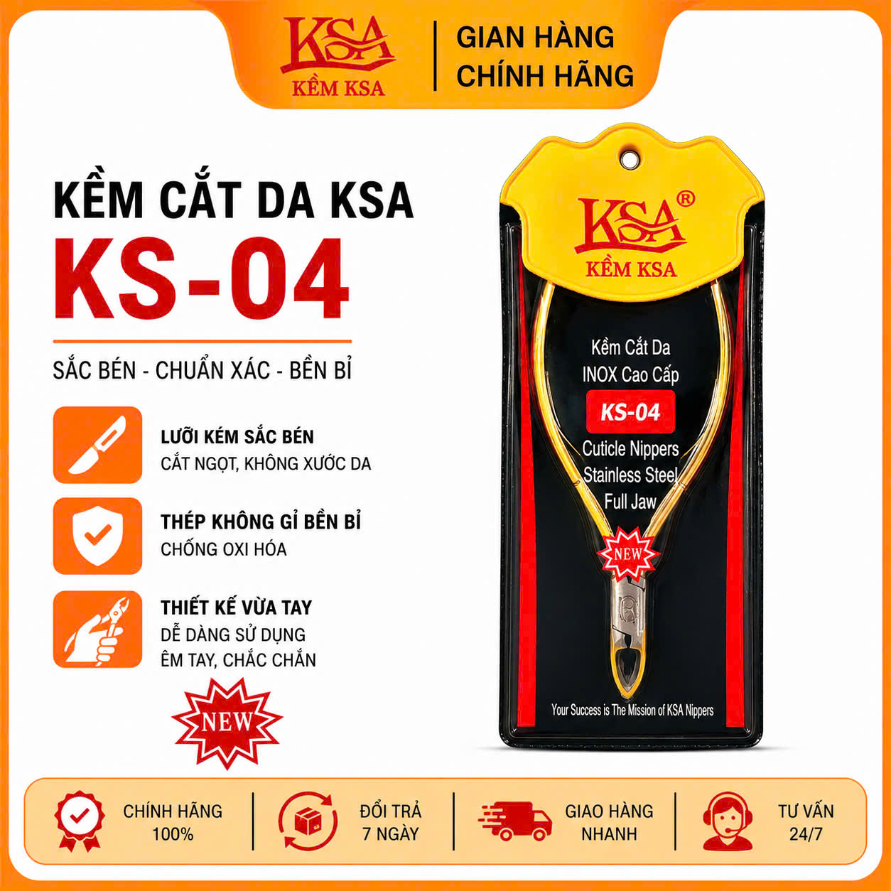 KỀM CẮT DA KSA THÉP KHÔNG GỈ KS04 2 CHỐNG BÁN NGUYỆT VÀNG